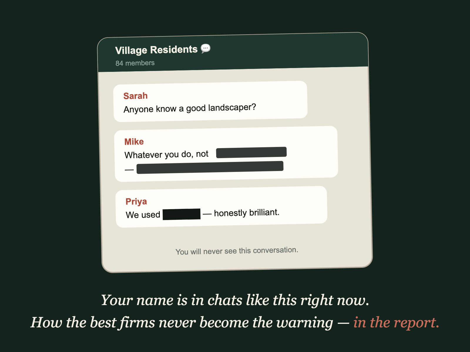 An anonymised village group chat discussing local landscaping firms